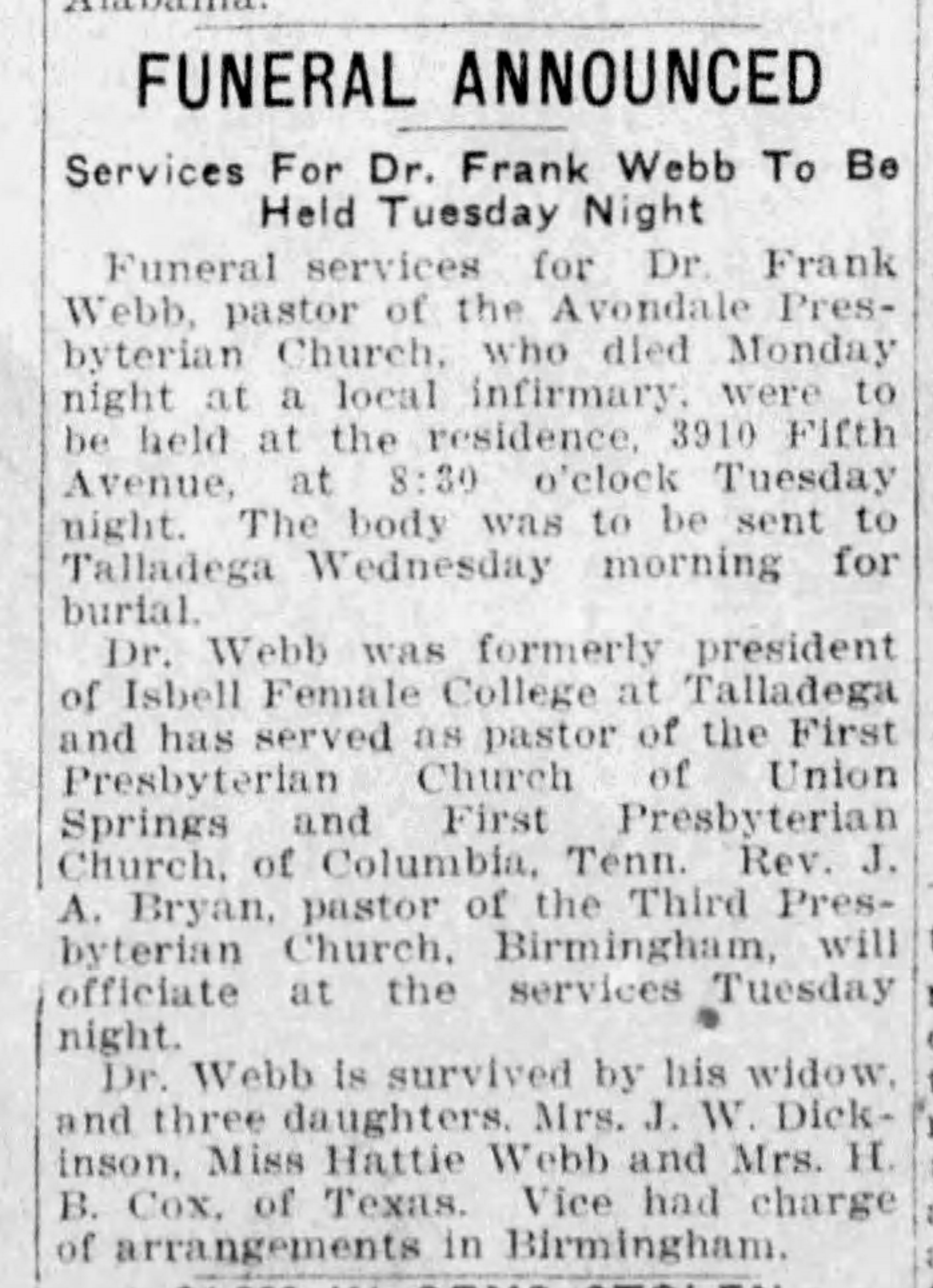 Services for Dr. Frank Webb To Be Held Tuesday Night